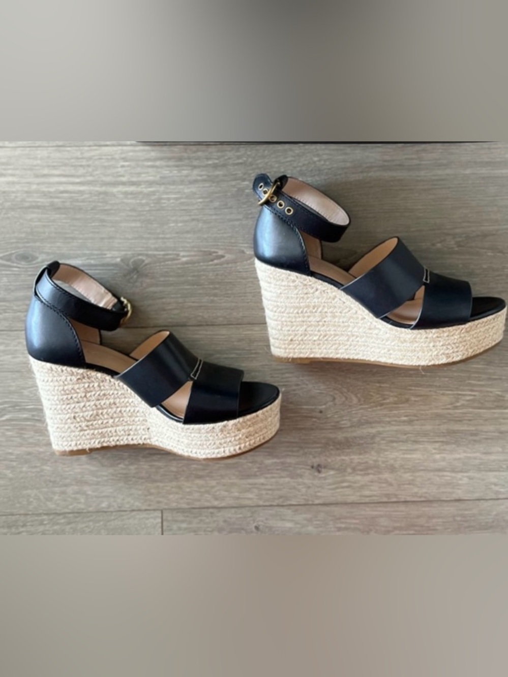 Coach Black Leather Espadrille Wedge Sandals